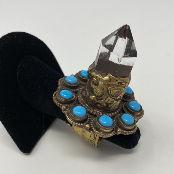 Wow! A Genuine Crystal Point & Tibetan Turquoise Ring A One Of A Kind